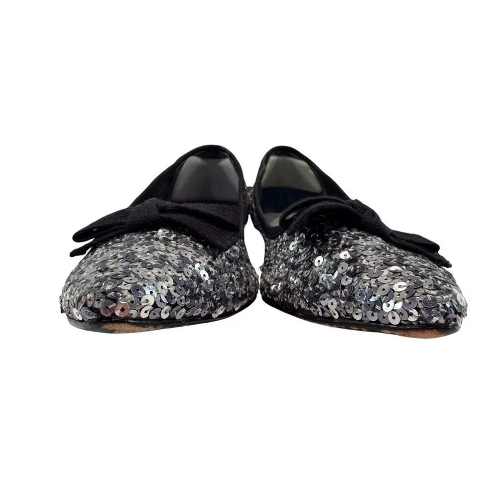 Beverly Feldman Sequin Bow Flats Womens Silver Black‎ Sparkle Pointed Toe Glam